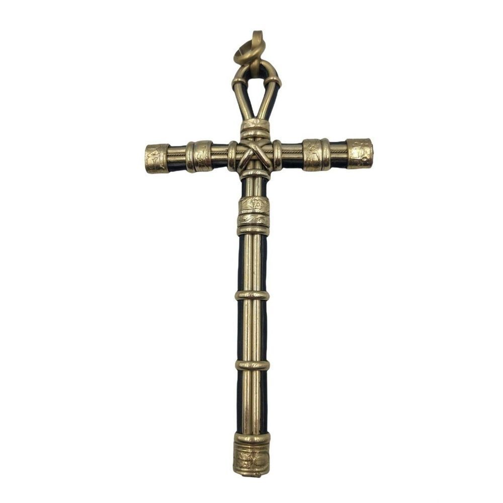 7" Crucifix Cross Pendant Black Leather Silver Floral